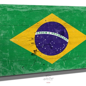 Brazil Flag Wall Art - Vintage Brazilian Flag Sign Weathered Wood Style on Canvas
