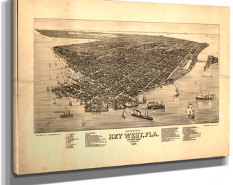 Key West Florida Vintage Map Wall Art - Bird's Eye View City Canvas Art