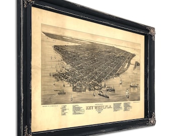 Key West Florida Vintage Map Wall Art - Bird's Eye View City Canvas Art