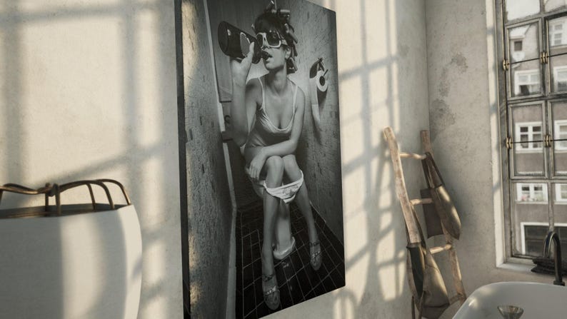 Cheeky and fun bathroom wall decor, a quirky framed poster ideal for bar bathrooms and guest restrooms.