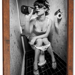 Whimsical drinking-themed toilet art, a funny bathroom poster print with a lighthearted twist.