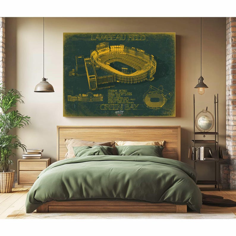 a bedroom with a large poster of a baseball stadium