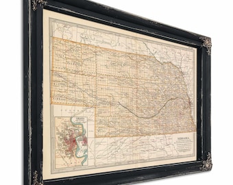 Framed Nebraska Vintage Map - Ornate Embellishment Frame with Print