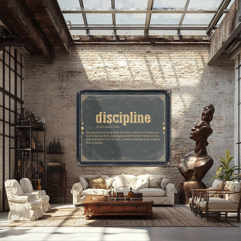 a living room filled with furniture and a large poster
