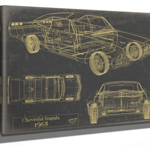 Vintage 1965 Chevrolet Impala Car Model Print,  Original Blueprint Canvas