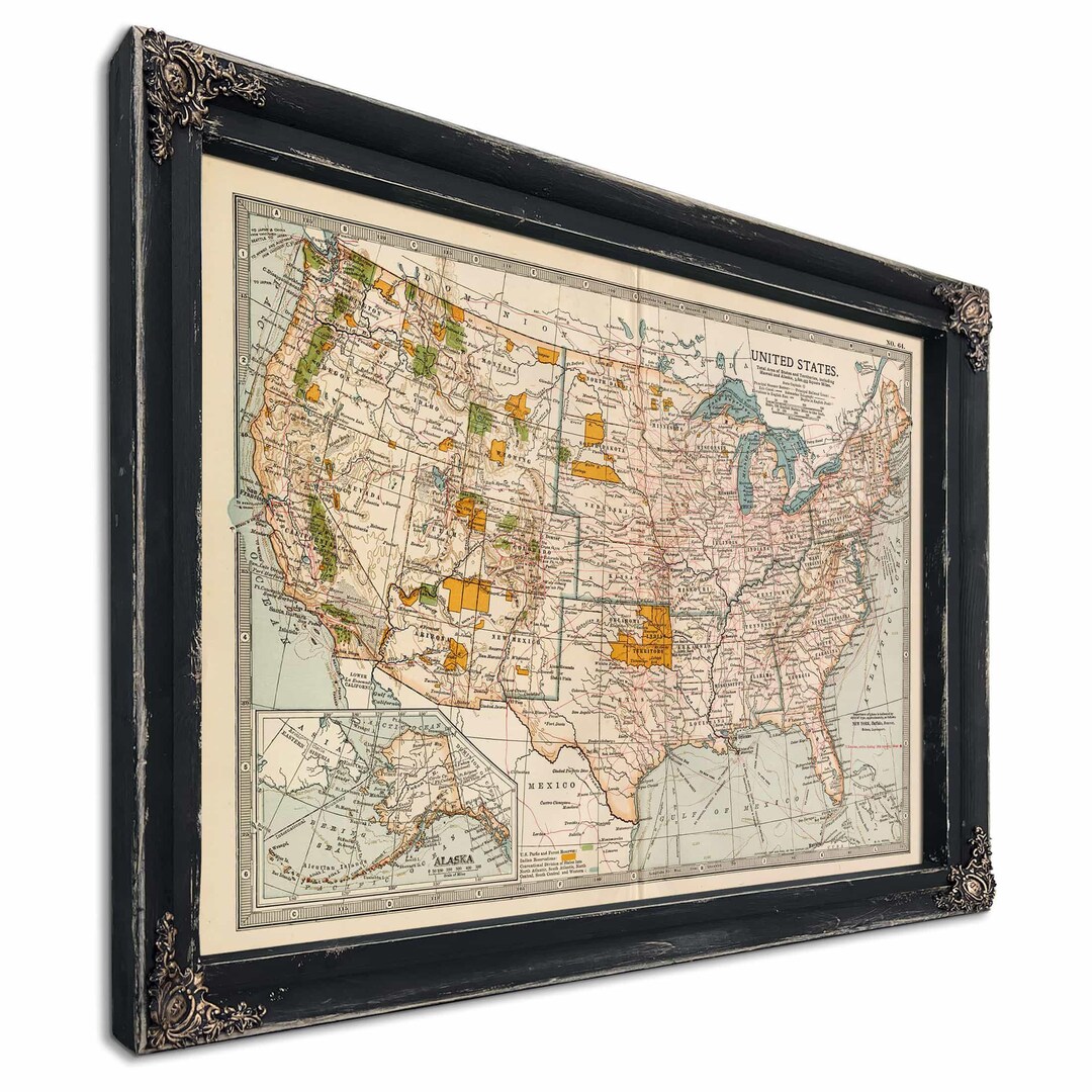 Framed United States Vintage Map - Ornate Embellishment Frame With