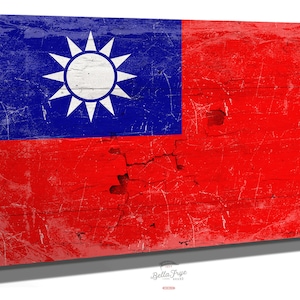 Vintage Taiwan Flag Canvas Art: Weathered Wood Style