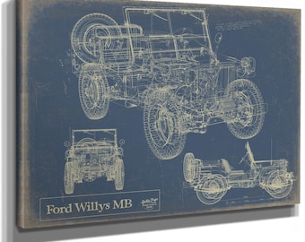 Ford Willys MB Army Jeep Model, Original Mancave Blueprint Art
