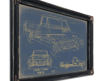 Vintage 1972 GMC C1500 Truck Model Mancave Blueprint Art