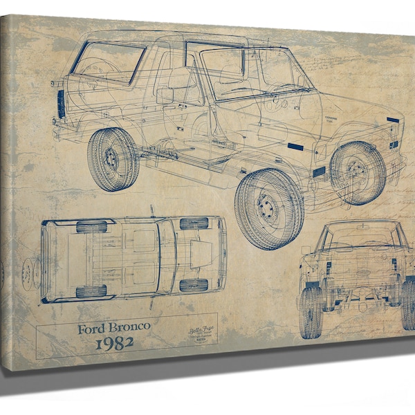 Vintage 1982 Ford Bronco Car Model Print, Gifts for Him, Original Blueprint Canvas, Framed, or Unframed Art