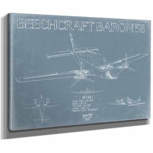 Beechcraft Baron 58 Aircraft Blueprint Wall Art - Original Military Plane Print