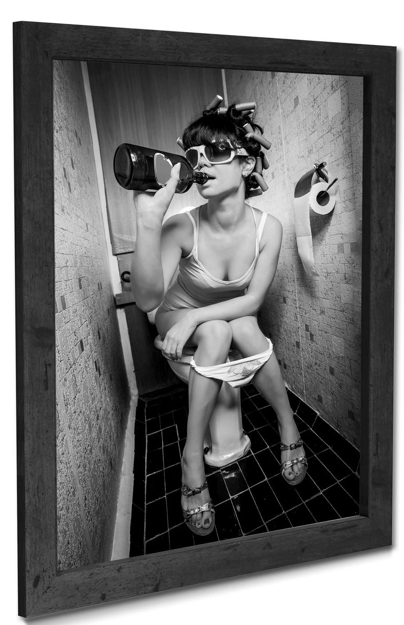 Retro toilet humor art print, featuring a playful, drinking-themed illustration for comedic bathroom decor.