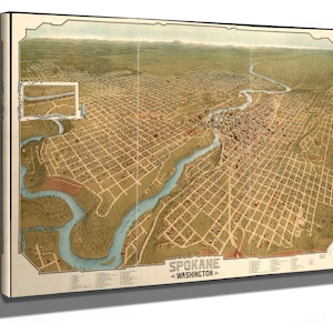 Spokane Washington Vintage Map Wall Art - Bird&#39;s Eye View City Canvas Art