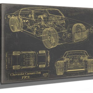 Vintage 1971 Chevrolet Camaro Z28 Car Model Print,  Original Blueprint Canvas