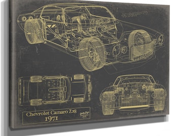 Vintage 1971 Chevrolet Camaro Z28 Car Model Print,  Original Blueprint Canvas