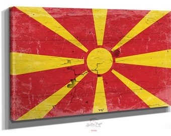 North Macedonia Flag Wall Art - Vintage North Macedonia Flag Sign Weathered Wood Style on Canvas