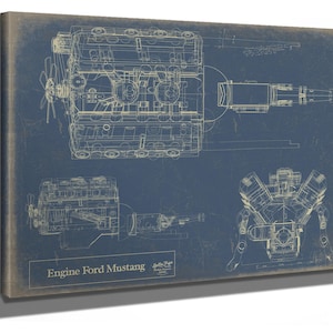 Vintage Engine Ford Mustang Print,  Original Blueprint Canvas