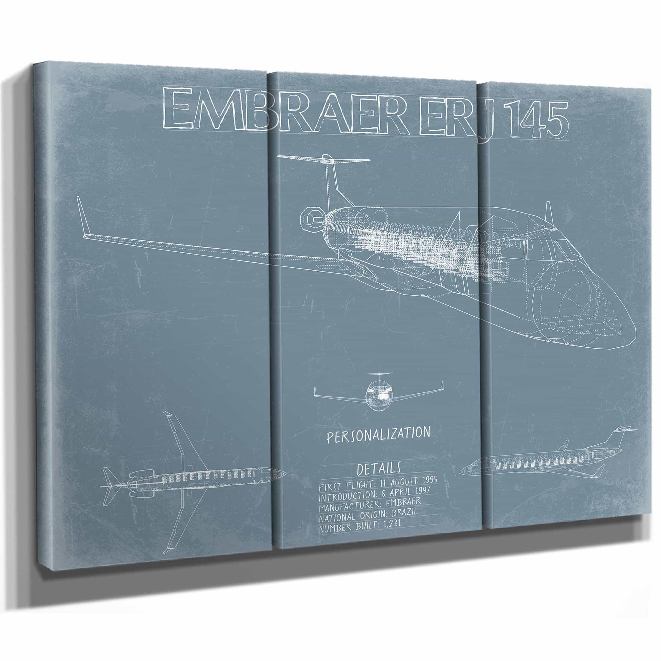 Embraer ERJ-145 Aircraft Blueprint Wall Art - Original Airplane
