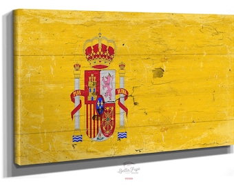 Vintage Spain Flag Canvas Art: Distressed Wood Style