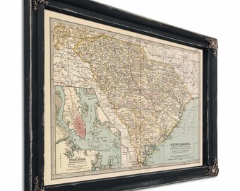 Framed South Carolina Vintage Map - Ornate Embellishment Frame with Print