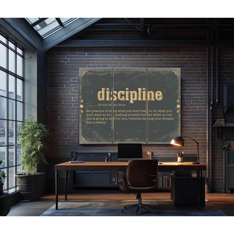 a room with a brick wall and a large poster on the wall