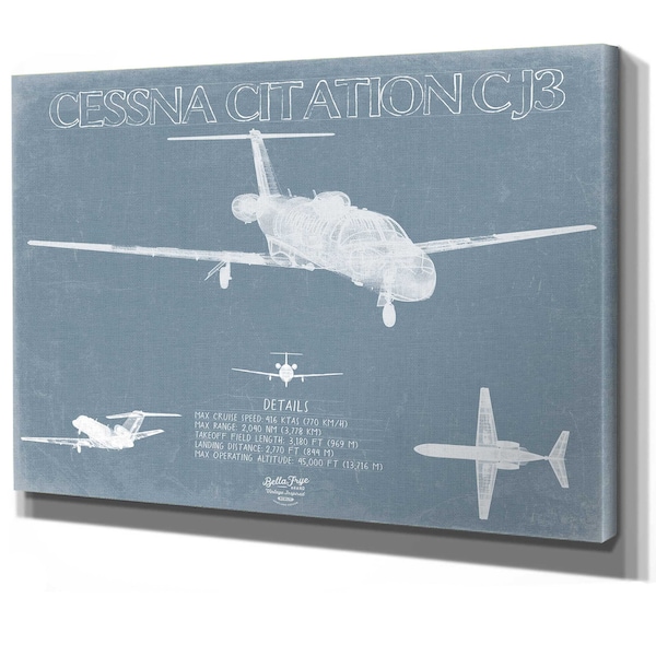 Cessna Citation CJ3 Aircraft Blueprint Wall Art - Original Airplane Print