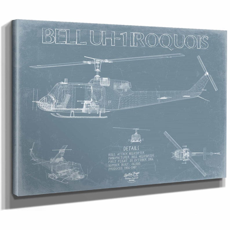 Bell UH-1 Iroquois Helicopter Blueprint Wall Art - Original Aviation ...