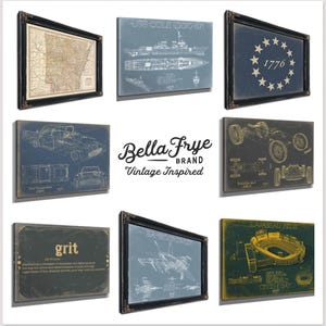 The image is a collage of various framed artworks and technical drawings, including maps, car illustrations, and technical drawings, all with a vintage-inspired aesthetic.