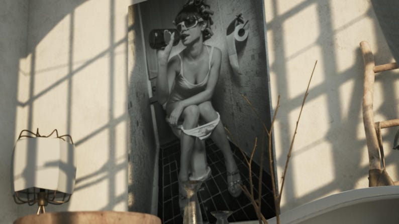 Hilarious framed toilet art, showcasing a girl relaxing with a drink while on the toilet in a vintage-style print.