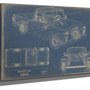 Vintage 1966 Ford F-100 Car Model Print,  Original Blueprint Canvas