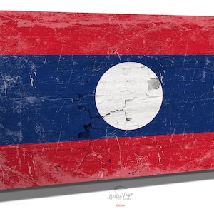 Vintage Laos Flag Canvas Art: Weathered Wood Style