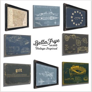The image is a collage of various framed artworks and technical drawings, including maps, car illustrations, and technical drawings, all with a vintage-inspired aesthetic.