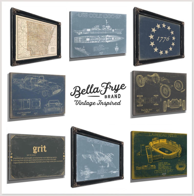 The image is a collage of various framed artworks and technical drawings, including maps, car illustrations, and technical drawings, all with a vintage-inspired aesthetic.