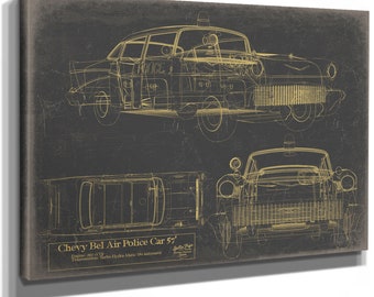 Vintage 50's Chevy Bel Air Police Car Blueprint - Gifts for Boyfriend  - Original Auto Poster