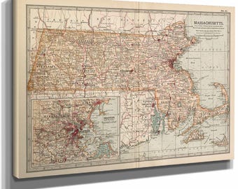 Framed Massachusetts Vintage Map - Ornate Embellishment Frame with Print