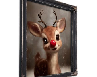 Rudolph Canvas Print – Vintage Christmas Decor, Distressed Black Ornate Frame