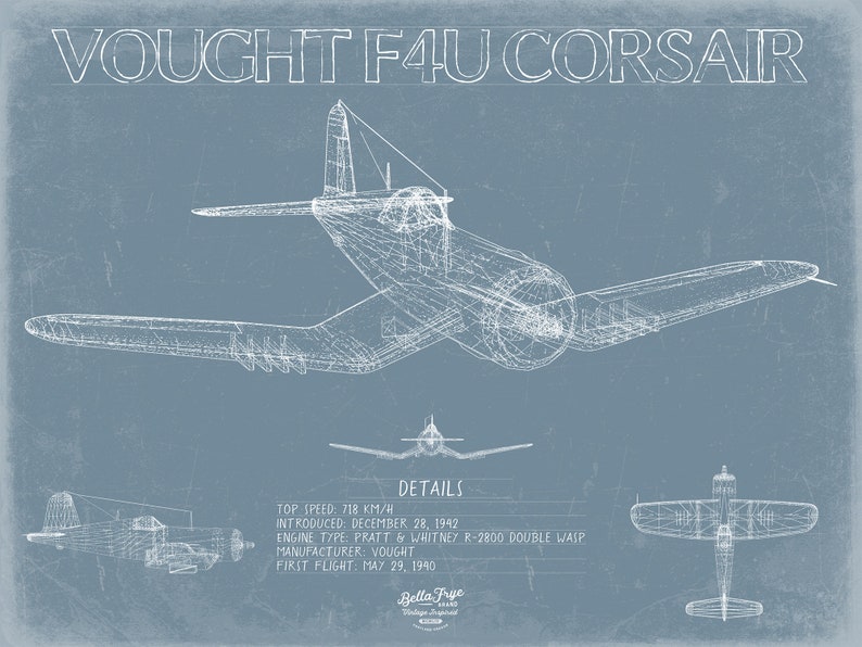 Vought F4U Corsair Blueprint Wall Art Original WW II Airplane Print 画像 2