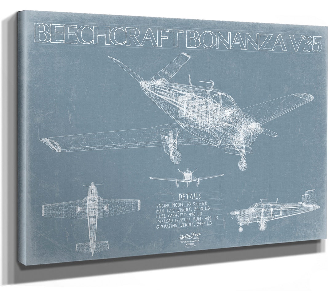 Beechcraft Bonanza V35 Aircraft Blueprint Wall Art Original Aviation