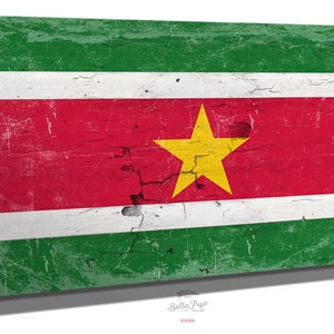 Suriname Flag Wall Art - Vintage Suriname Flag Sign Weathered Wood Style on Canvas