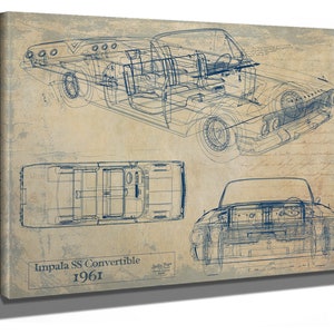 Vintage 1961 Chevrolet Impala SS Convertible Car Model Print, Gifts for Him, Original Blueprint Canvas