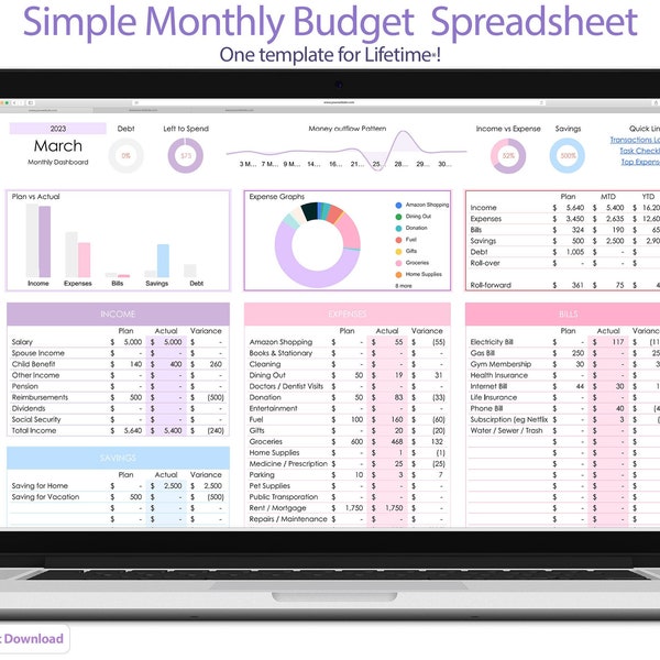 Simple Monthly Budget Spreadsheet Mauve | Personal Finance | GoogleSheets Savings Expense Debt Bill Tracker Income Tracker | Expense Planner