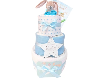 3 Tier Nappy Cake Boy, Baby Boy Gift Hamper, Baby shower Gift Boy, Hare, Baby Boy Present, Newborn Baby Boy Gifts, Baby Boy Gift Sets, Blue