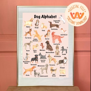 Printable Dog Alphabet Wall Art, Dog Wall Art, Alphabet Poster Print, Nursery Wall Art, Hand Painted Alphabet, Digital Download Dog Alphabet