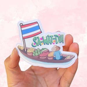 Cute Thai Kawaii Floating Market Boat Sawatdii Matte Vinyl Water Reisistant Die Cut Sticker|Easy Peel Design|Thai Travel Print|Sticker Gifts