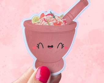 Pegatinas troqueladas de ensalada de papaya asiática kawaii, laminadas mate y brillantes de primera calidad, para comida asiática, picante, lao, tailandesa, camboyana, mien y otros alimentos.