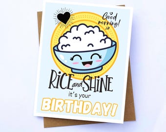Tarjeta de felicitación de cumpleaños con juego de palabras ingenioso: «Arroz y Brillo» / Deseos de cumpleaños para amantes del arroz / Regalo de cumpleaños con temática de comida / Tarjeta de felicitación única / Criado con arroz
