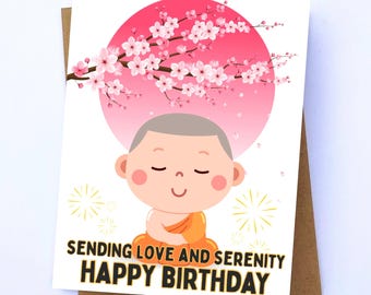 Tarjeta de felicitación impresa de cumpleaños con amor y serenidad zen / Cumpleaños kawaii asiático / Saludos tranquilos y pacíficos / Regalos de tarjeta de monje budista