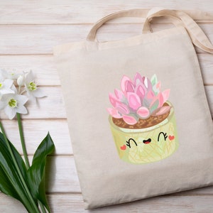 Kawaii Cute Plant Succulent Cacti Canvas Tote Bag|Gifts For Her|Plant Gift| Plant Lover Gift|Library Tote Bag|Book Bag|Plant Mom Gift|Cactus