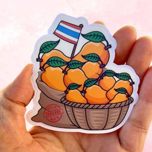 Cute Thai Kawaii Basket of Mangos Thai Flag Matte Vinyl Water Reisistant Die Cut Sticker|Easy Peel Design|Thai Travel Print|Sticker Gifts