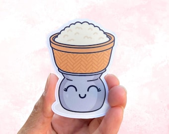 Pegatina de arroz pegajoso sonriente kawaii / Vaporera de bambú / Bonita pegatina de comida asiática / Regalo para amantes de la comida / Pegatina de vinilo para portátil / Diseño fácil de despegar